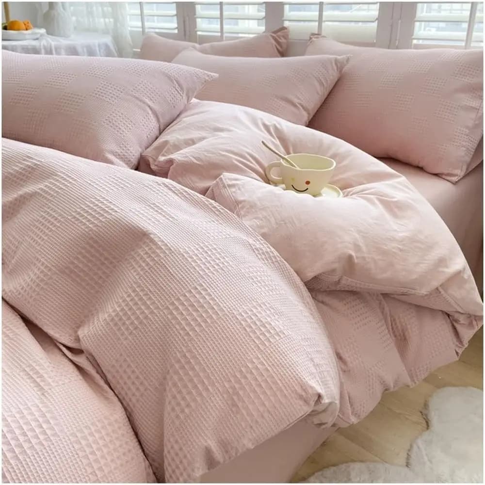 Set Copripiumino Matrimoniale King Size 100% Cotone 4 Pezzi Stile Dolce Reversibile Testurizzato Ultra Morbido con Lenzuolo e Copripiumino