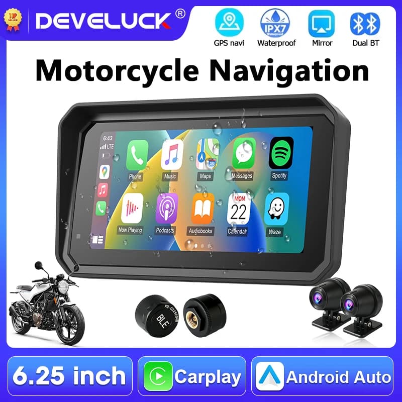 6.25 Inch Portable GPS Navigation, Wireless CarPlay, Android Auto, Motorcycle Monitor, DVR, 4K+1080P Support, Waterproof IPX7