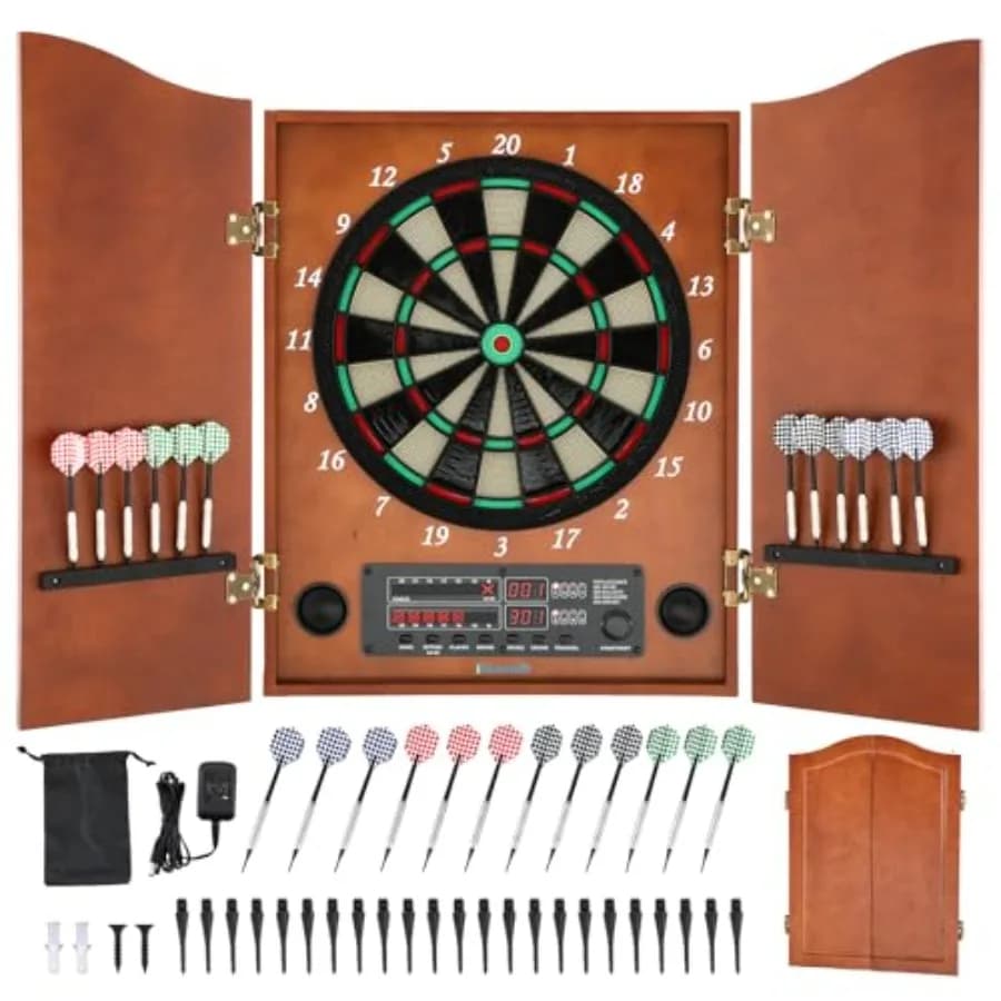 Set di freccette elettroniche da tavolo per adulti, per il gioco in famiglia: mobiletto in legno MDF, finitura nera, freccette con punta morbida incluse, supporti.
