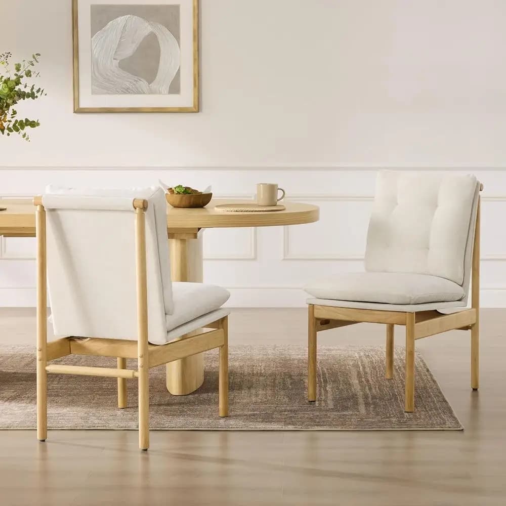 Set di 2 sedie da pranzo imbottite con sedili in lino ciniglia imbottito e gambe in legno di gomma