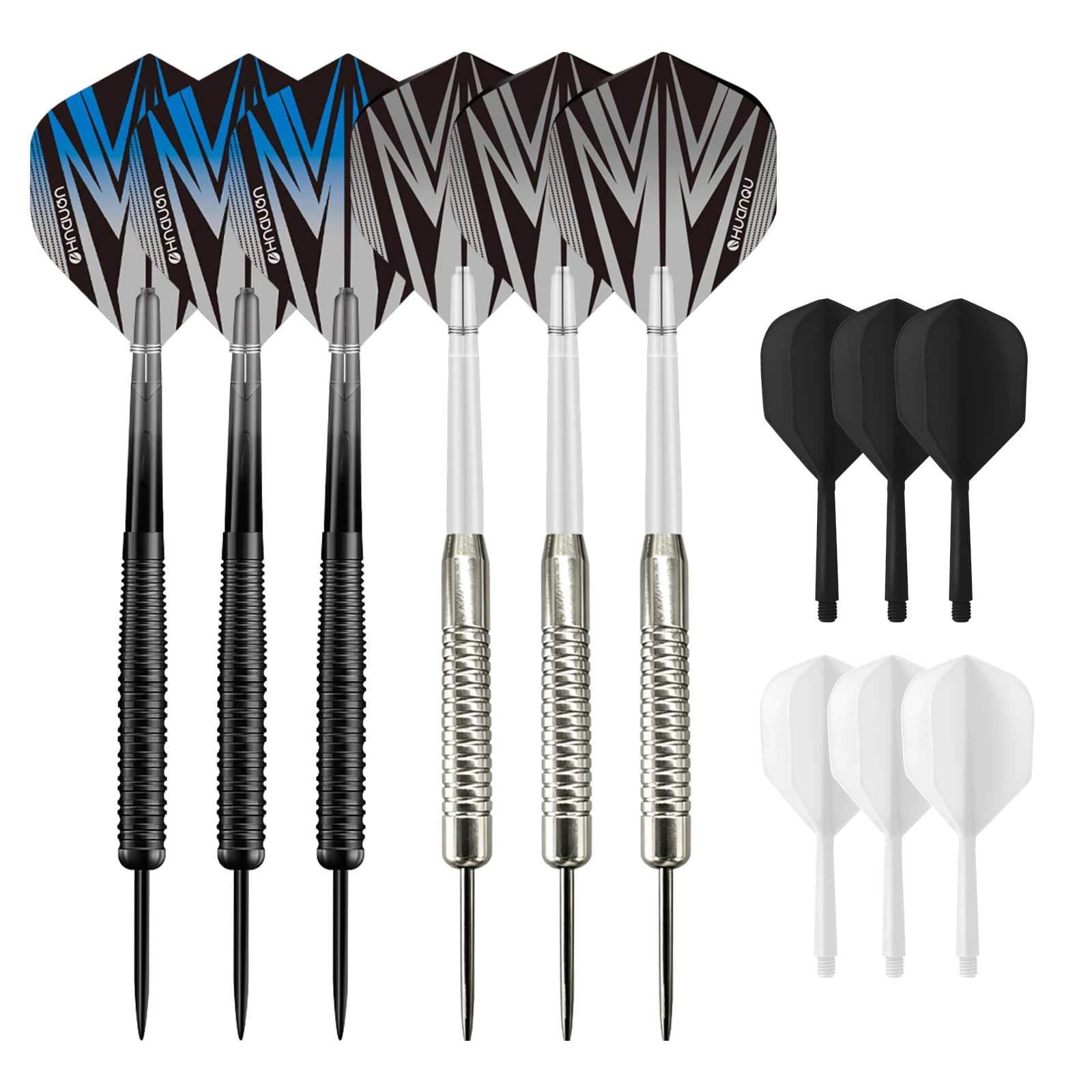 HUANQU 6pcs 20g Iron Dart Set with Knurled Grip Barrel Black White Flights Steel Tip Darts for Training Game Party