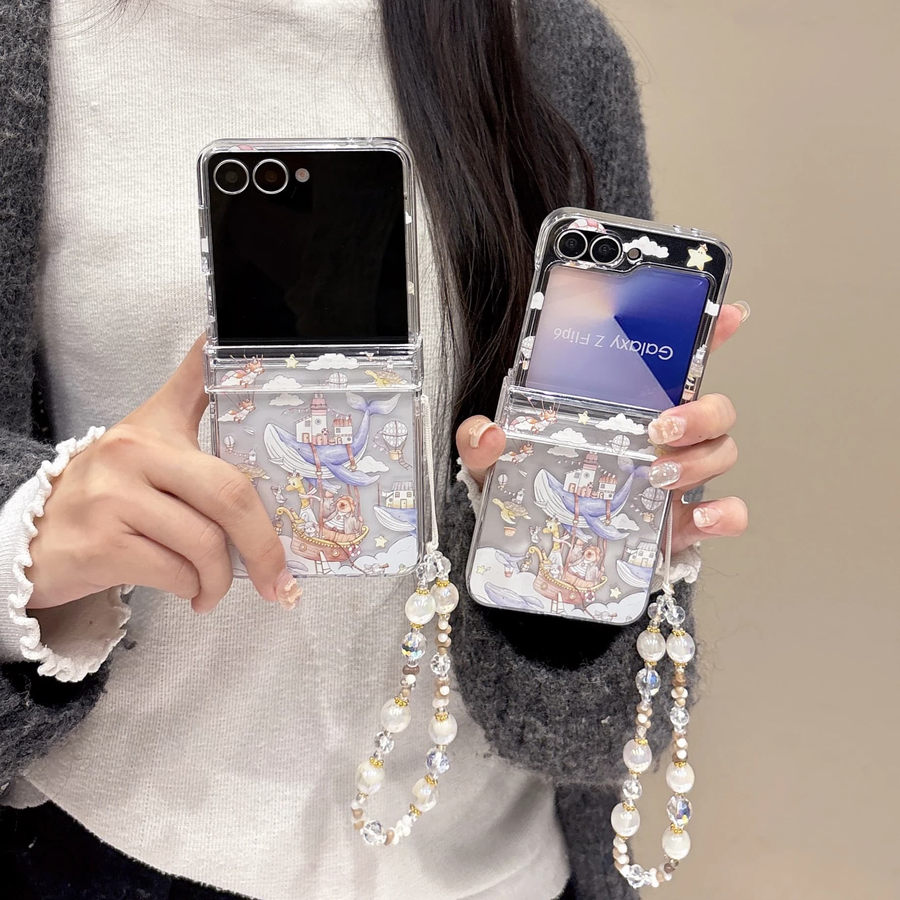 Custodia per telefono con registrazione alla deriva a nuvola carina laser trasparente per Samsung Galaxy Z Flip 7 6 5 4 3 Z Flip6 ZFlip7 con copertura cerniera per cordino
