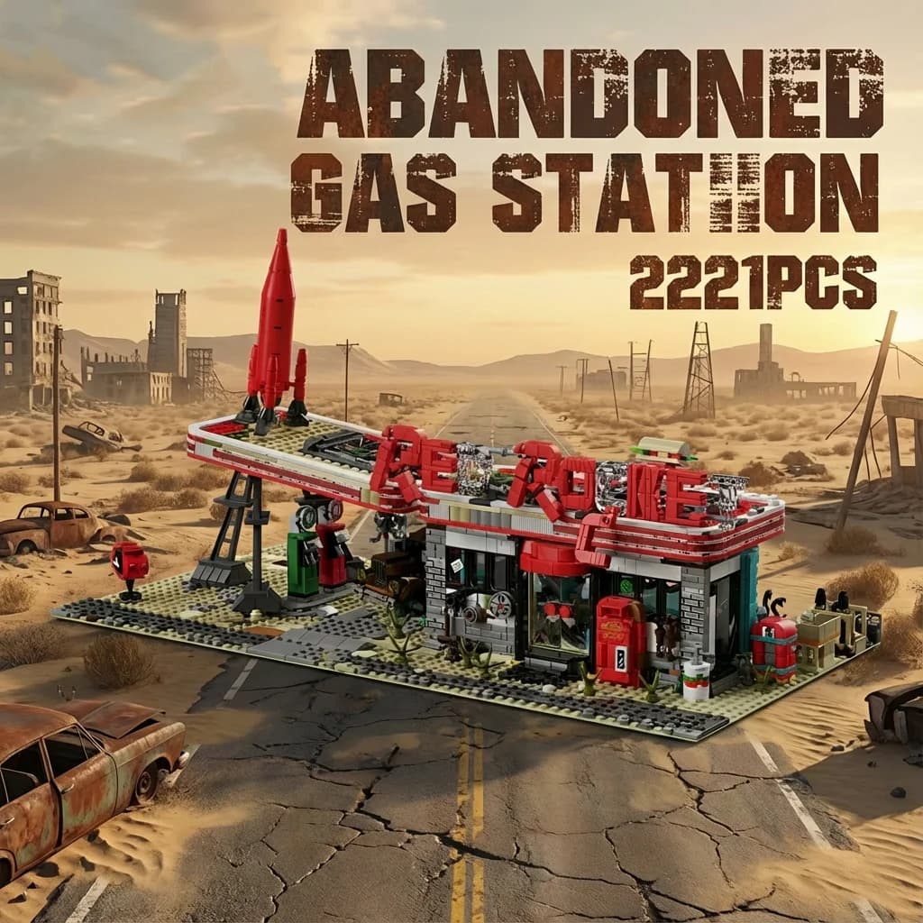 Kit Modellino di Architettura Modulare MOC Stazione di Servizio Rossa Abbandonata del Film Game Red, Edificio del Giorno del Giudizio, 2221 Pezzi, Regalo per Adulti e Bambini