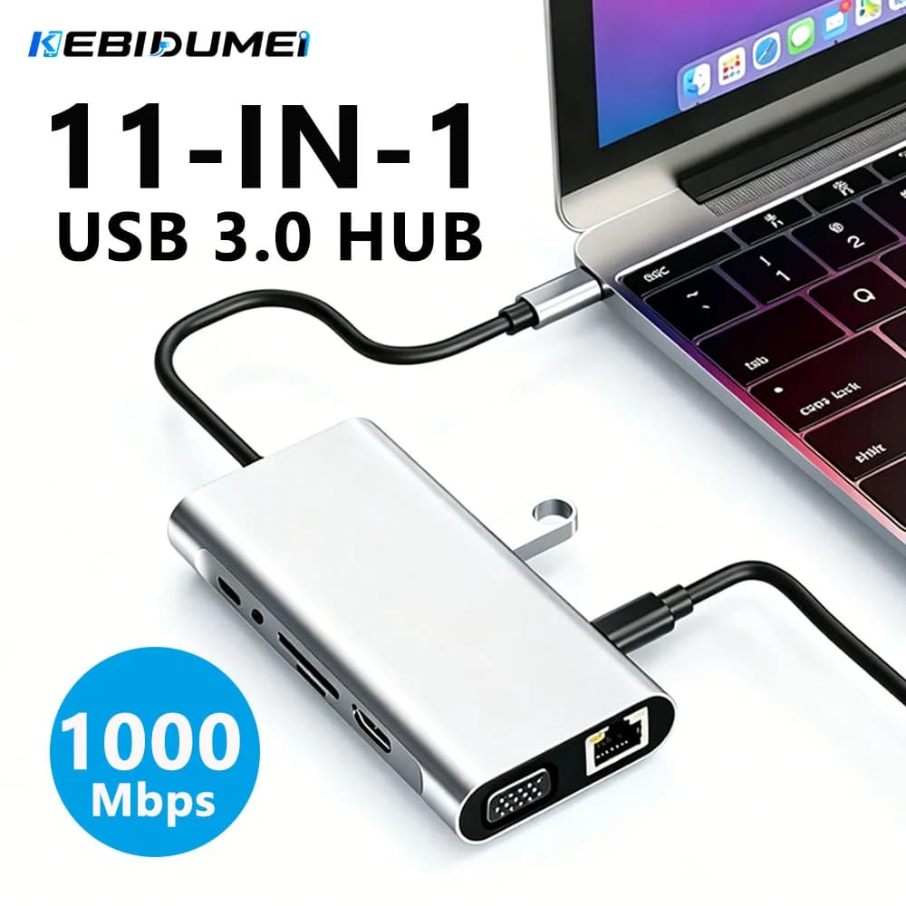 KEBIDUMEI USB 3.0 HUB 11 In 1 Type-C Docking Station 1000Mbps Network Adapter PD VGA HDMI AUX SD TF USB C Splitter For Laptop PC
