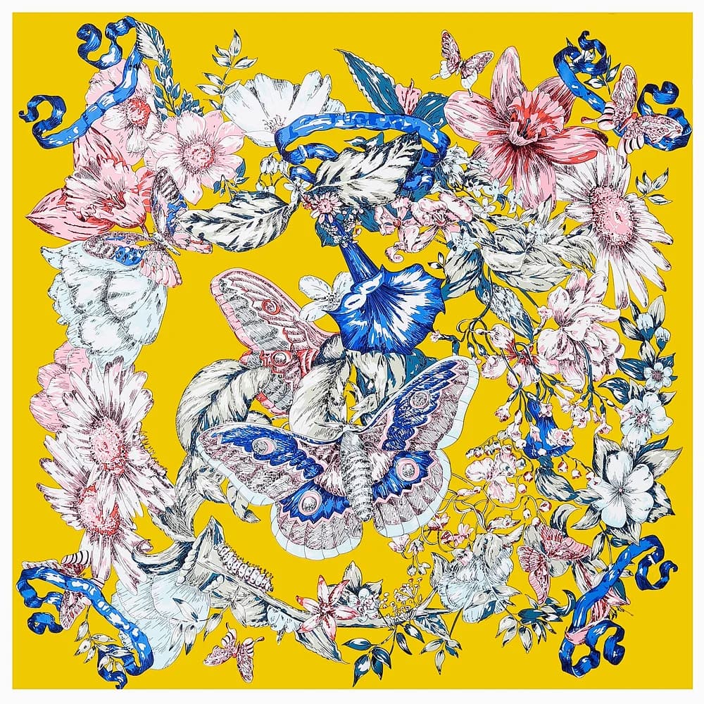 Sciarpa in Seta Twill con Stampa Farfalle e Fiori, Foulard Quadrato da Donna, Bandana, Sciarpa di Lusso, Sciarpe e Coprispalle per Signore 130cm