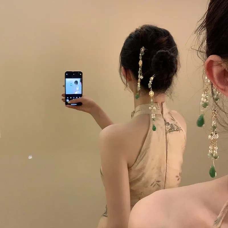1/2 pz Classico Tornante Perline Verdi Nappa a forma di U Tornante Intrattenimento Musiche E Canzoni Accessori Per Capelli Da Sposa Retro Cheongsam Decorazione Dei Capelli gioielli
