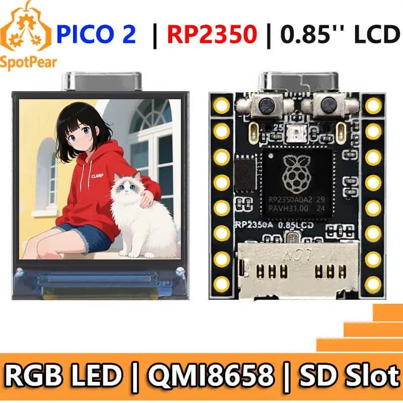 Raspberry Pi Pico 2 RP2350 Display LCD da 0,85 pollici mini Scheda di sviluppo Schermo da 0,85 pollici RGB LED/Slot SD/QMI8658 Giroscopio Senso