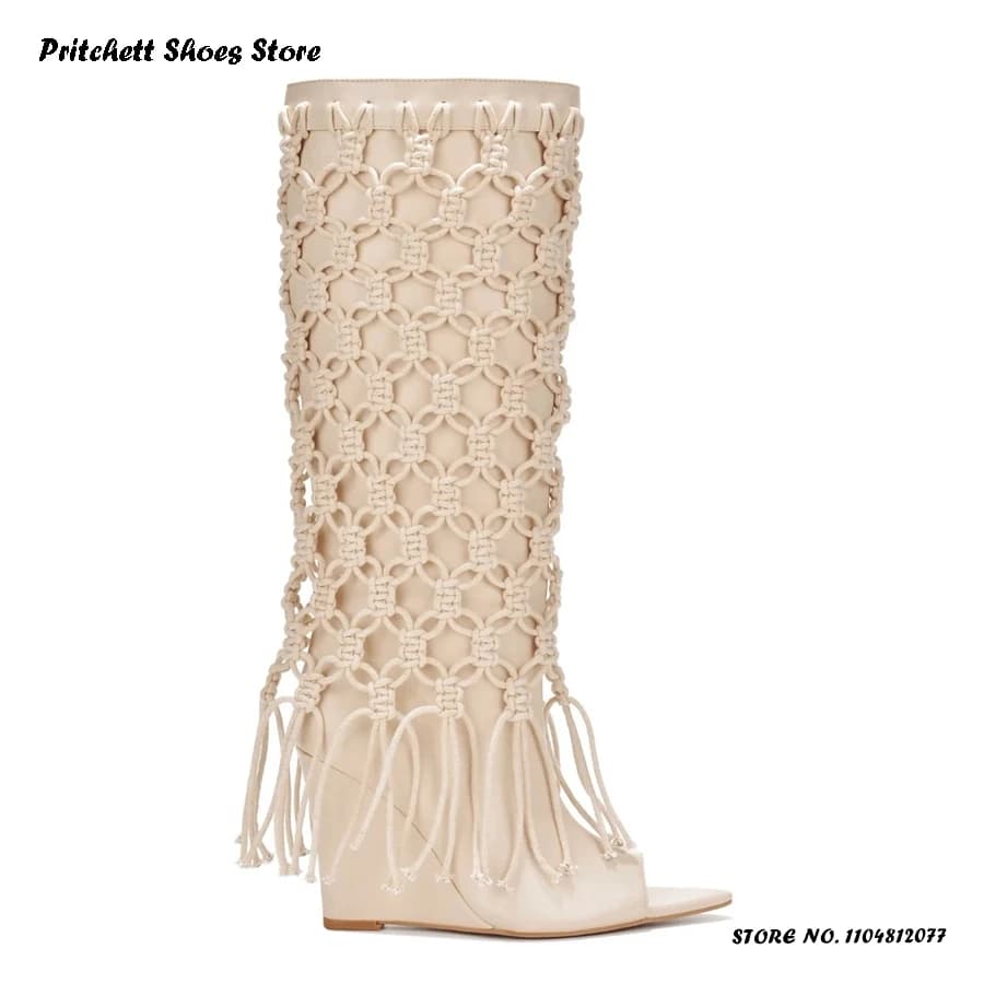 Women's High Knee Boots Spring Summer Street Style Trendy Shoes Open Pointed Heel Long Boots Solid Leather