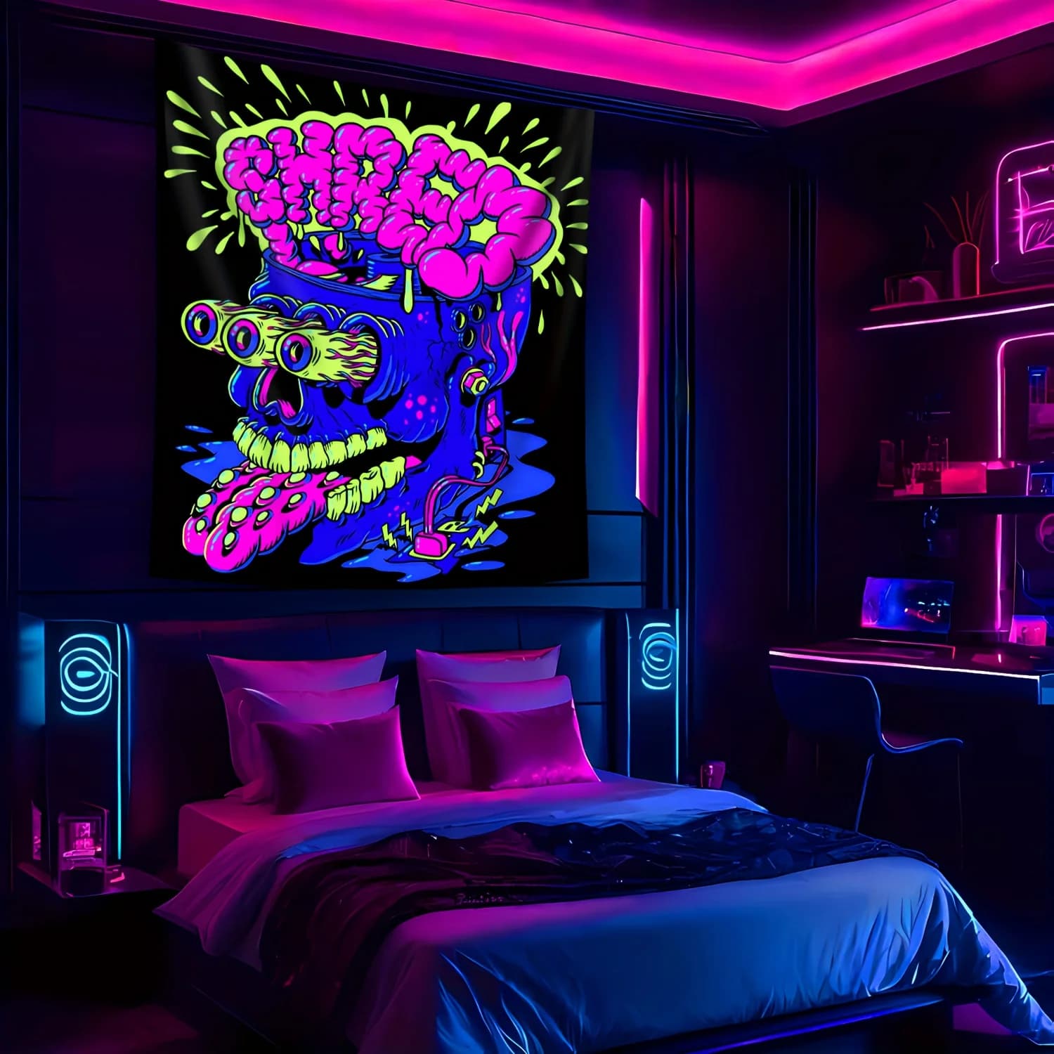 VIKAMA Cyber Skull Arazzo Neon Cervello Modello Telescopio Occhio Sala da gioco Studio musicale Appeso a parete Cyber Theme Room Decor