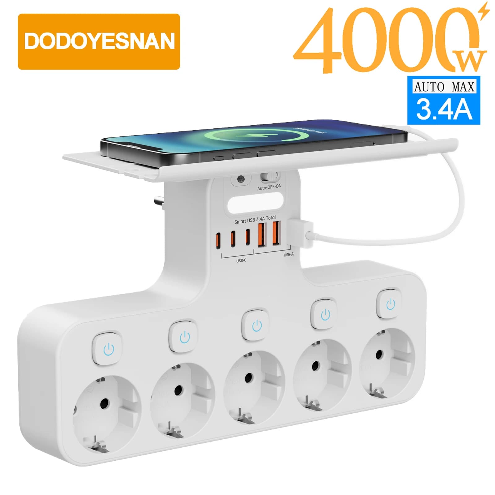 Multipresa da parete con presa EU, interruttore indipendente, supporto per telefono rimovibile, presa standard europea con 3 porte USB-A e 3 porte USB-C per la ricarica.