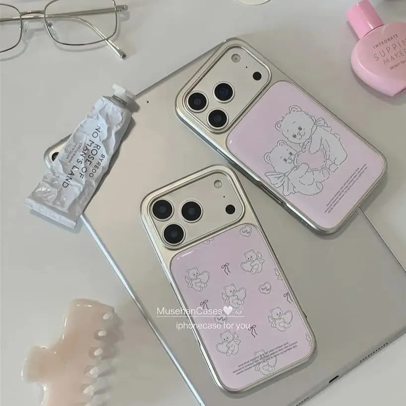 Custodia per Telefono Coreana Carina con Orsetto Rosa con Ali e Fiocco per iPhone 17 16 15 14 13 12 11 Pro Max 14 15 16 17Air Plus, Cover Dolce Stile Y2K
