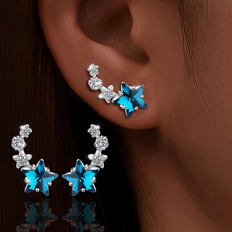Set di orecchini a lobo da donna con zirconi blu a forma di stella, gioielli eleganti ipoallergenici per regali di feste e banchetti