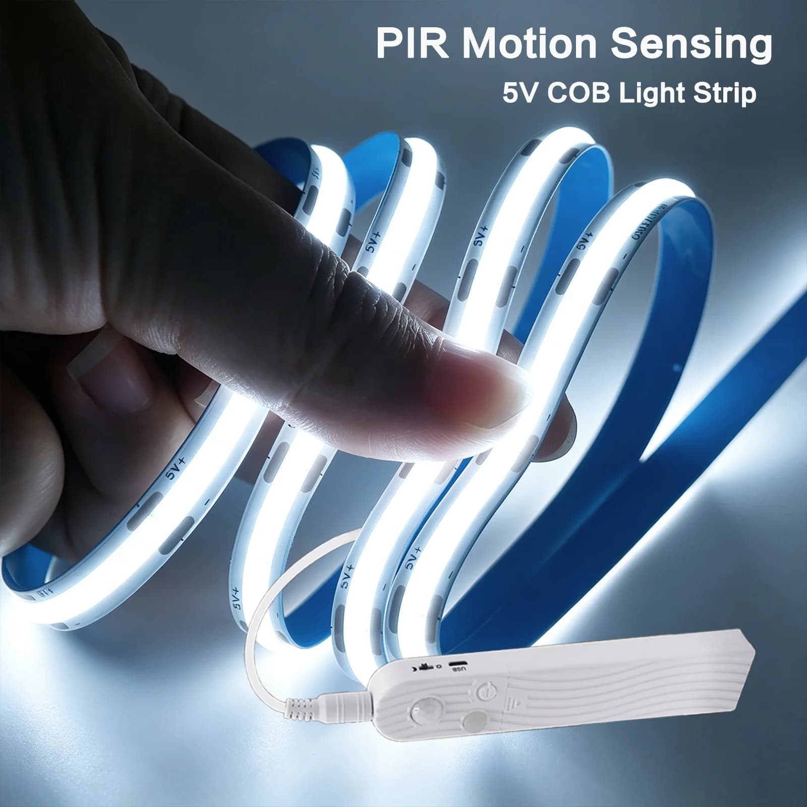 PIR Motion Sensor COB LED Strip 5V 320LEDs/M Dimmable Flexible LED Tape 8MM Battery Powered Ribbon Rope LED Lights Room Decor