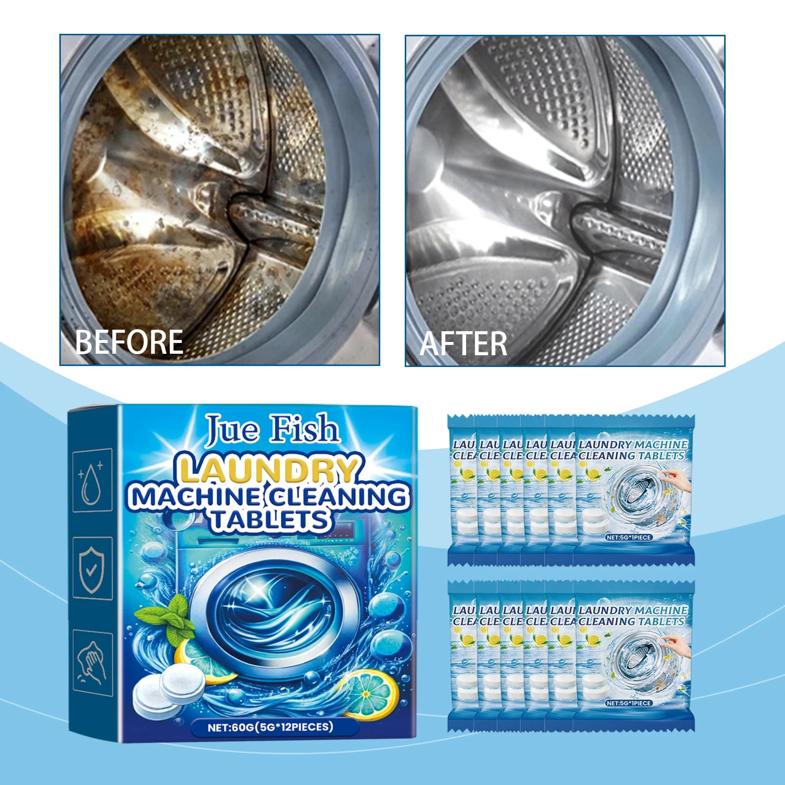 12 effervescent tablets for cleaning the washing machine, deep clean stubborn, delicate, without residues, eliminate odours, for all models
