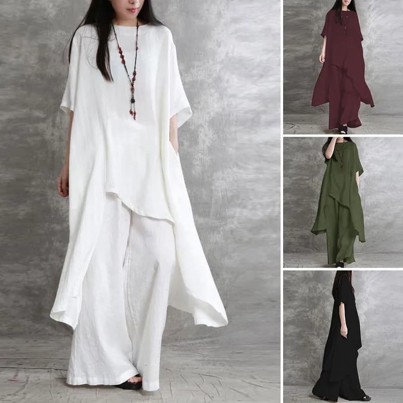 Set da 2 pezzi in cotone e lino da donna abbigliamento Casual di grandi dimensioni tuta sportiva a maniche corte o-collo Top pantaloni a gamba larga abiti da donna