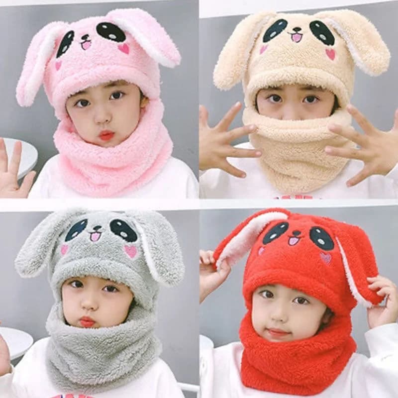 Children's hats and scarves hooded new bunny ears one-piece cap baby double-thickened warm ear protection cap scarf