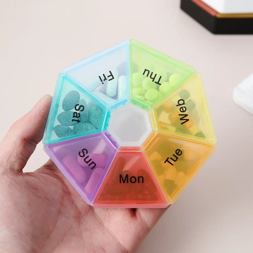 New Portable Mini Weekly Tablets at 7 Departments Colored in PP Petal Shape for Vitamins, Medicines, Fish Oils
