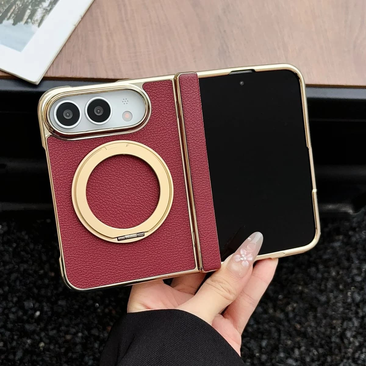 Electroplated 360° Ring Stand for MagSafe Magnetic Leather Hinge Protection Phone Case for Apple IPhone Duo 18 Fold Cover