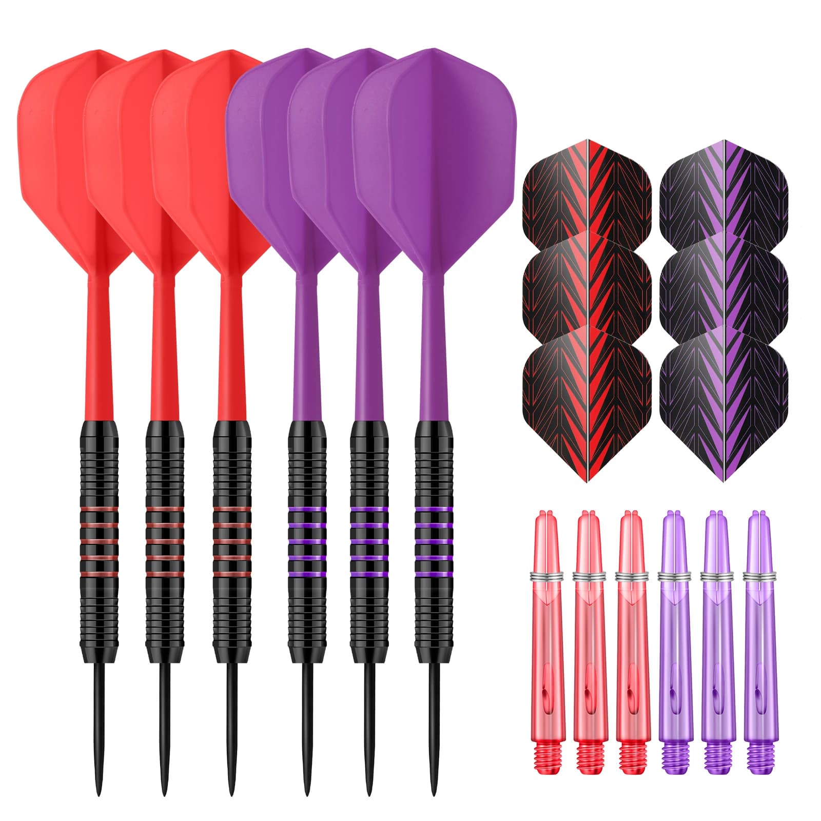 HUANQU 6pcs Iron Steel Tip Darts Set, Textured Grip, 6 Flights 6 Shafts, Black Purple Red, Training, Bar Club Party Game