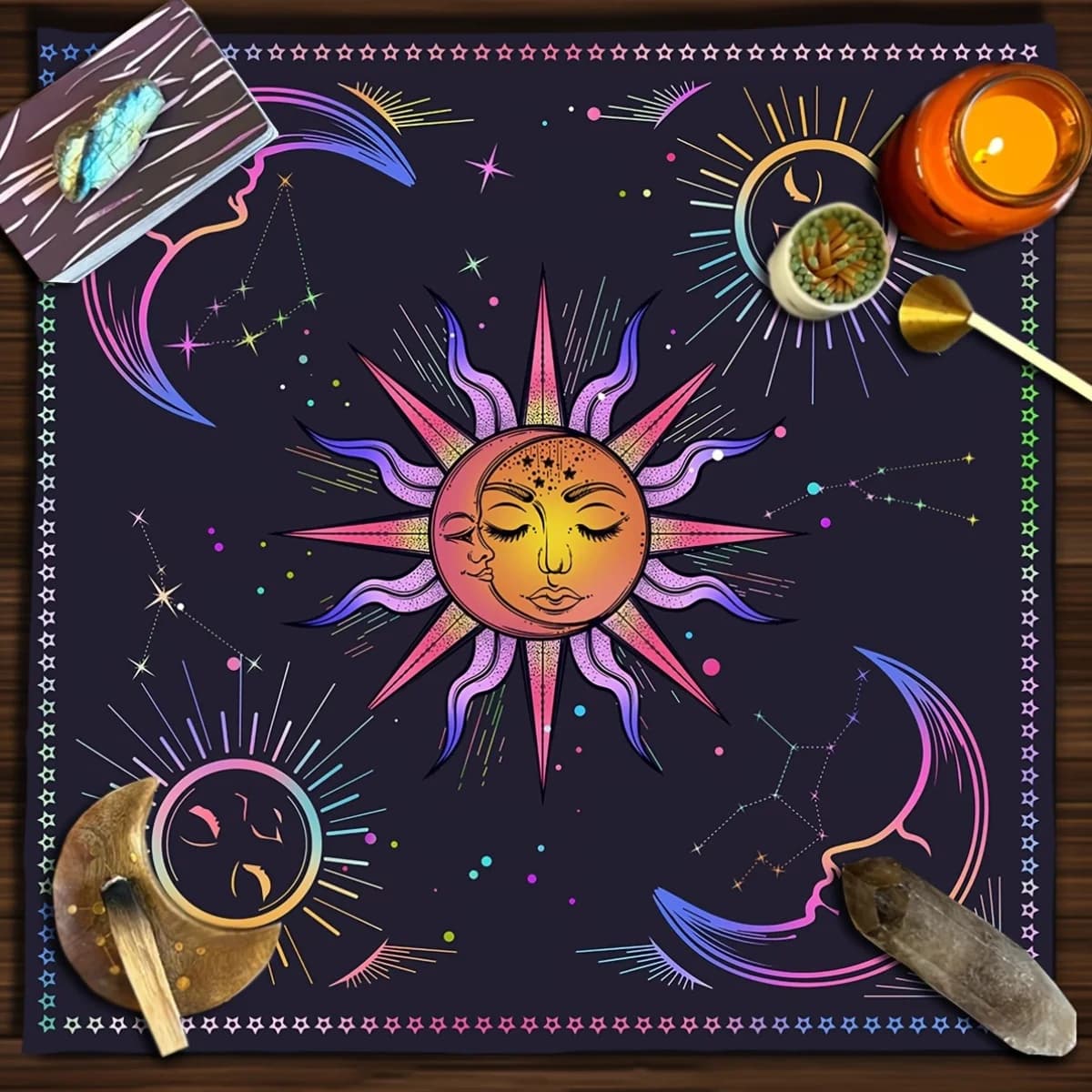 Tovaglia mistica per tarocchi sole e luna - Tovaglia per altare cielo stellato per letture di carte, decorazione da parete con arazzo astrologico, tappetino per oracolo