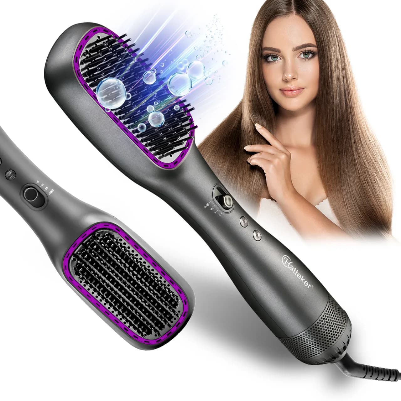 Hatteker EU Spazzola ad Aria Calda per Capelli Lisci e Ricci, Spazzola Elettrica Riscaldante con Ioni Negativi per Donna, Spazzola Lisciante per Capelli