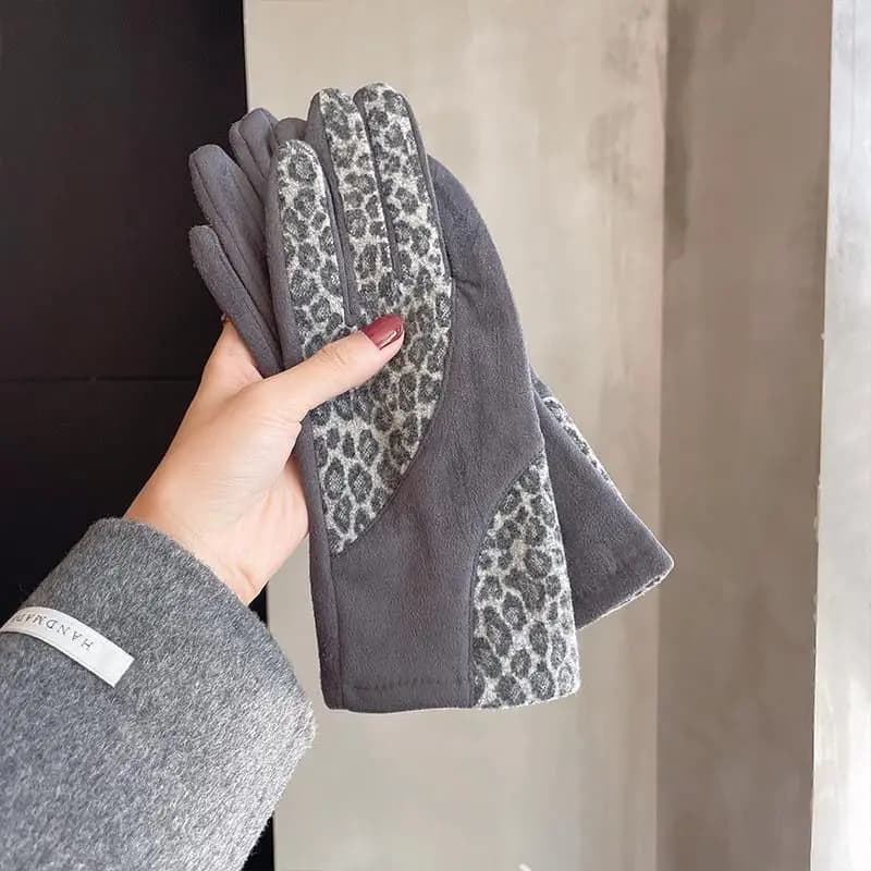 Guanti termici in pelle scamosciata con stampa leopardata, guida autunnale e invernale da donna resistente al freddo, ciclismo, velluto, alla moda e versatili