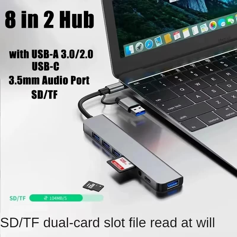 Hub Type-C 8 in 2 USB con Lettore di Schede Splitter Porta USB-C USB 3.0 / 2.0 Lettore di Schede SD/TF Docking Station per MacBook
