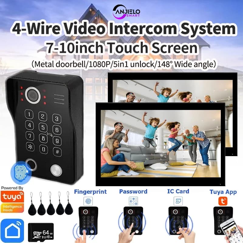 ANJIELO Tuya Smart Fingerprint 5 in 1 sblocco videocitofono campanello domestico Sistema1080Ptouch monitor Protezione di sicurezza