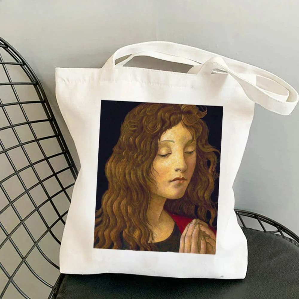 Borsa Tote in Tela con Stampa Artistica Ritratto Rinascimentale, Borsa a Spalla Riutilizzabile con Stampa Pittorica di Botticelli, Borsa Estetica per Amanti dell'Arte, Idea Regalo