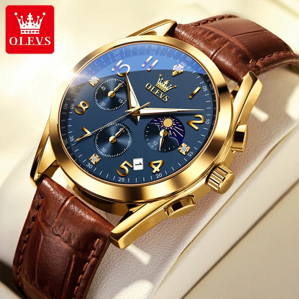 OLEVS 2890 Orologio da Polso Cronografo al Quarzo per Uomo con Calendario, Fase Lunare Luminosa, Casual, Sportivo ed Elegante
