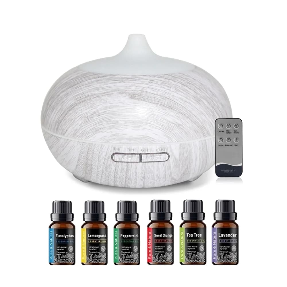 Umidificatore per aromaterapia LED intelligente a 7 colori con telecomando - Set di diffusori di venature del legno da 550 ml 6 oli essenziali per il rilassamento domestico