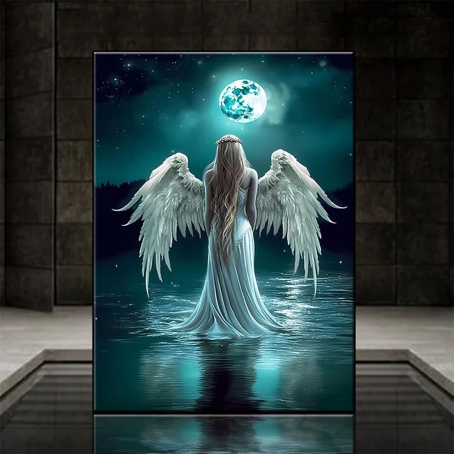 Diamond Mosaic Picture Kit New Retro Art Moon Night Lake Angel Woman Diamond Painting Cross Stitch Adult Decoration Wall Art