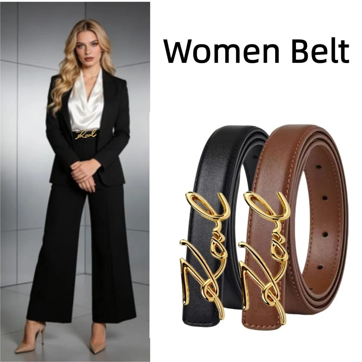 Luxury Designer Style Women's Belt Black PU Leather Gold Double Ring Gancini Style Buckle Waistband for Jeans Dress Fashion