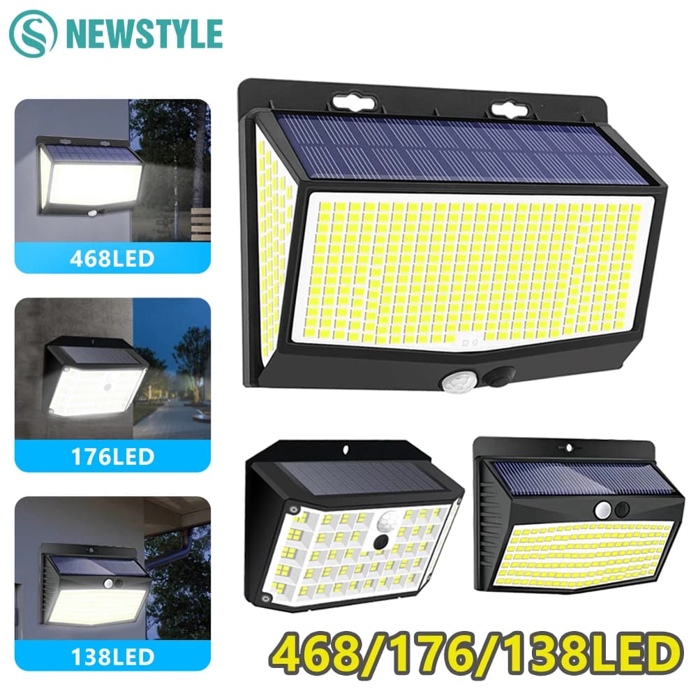 Luci di movimento solari per esterni 468/176LED 3 modalità Luci per recinzione solare Luci di sicurezza solari impermeabili Porta del cortile Patio Garage Passo