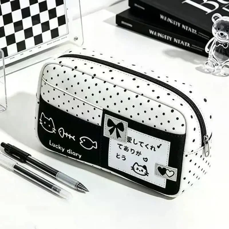 Kawaii Cat Print Pencil Case Blue Polka Dot Design Eco Friendly Material Stationery Bag for Students