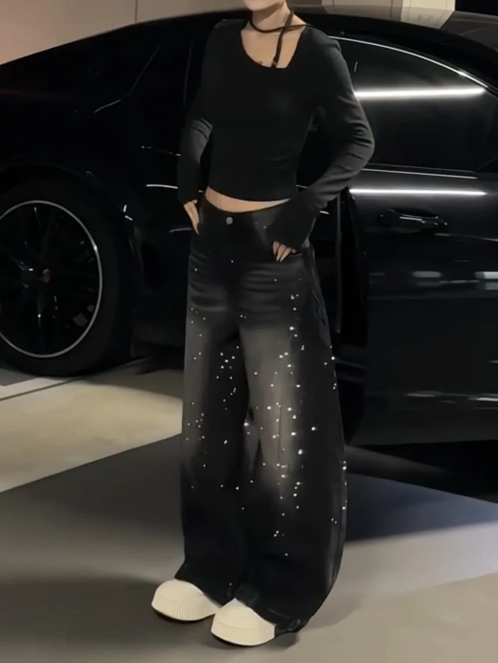 American Style Heavy Duty Star Rhinestone High Waist Wide Leg Jeans Women's Spring 2026 Loose Long Pants Cotton Denim