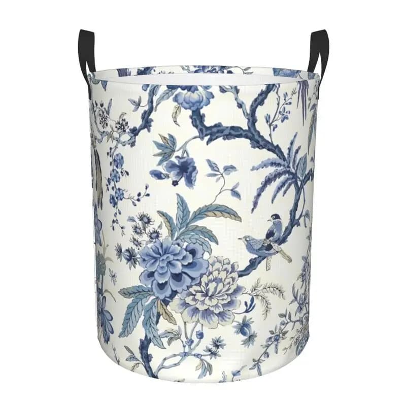 Chinoiserie Laundry Basket Bule Birds Flowers Personalized Laundry Hampers Clothes Hamper for Dormitory Home Bathroom Hotel