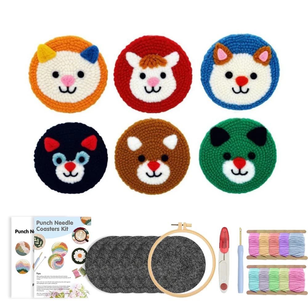 RUOPOTY 6pcs Punch Needle Coaster Colorful Animals Punch Needle Embroidery Home Wall Decor Crafts Gift Animal Punch Needle Yarn