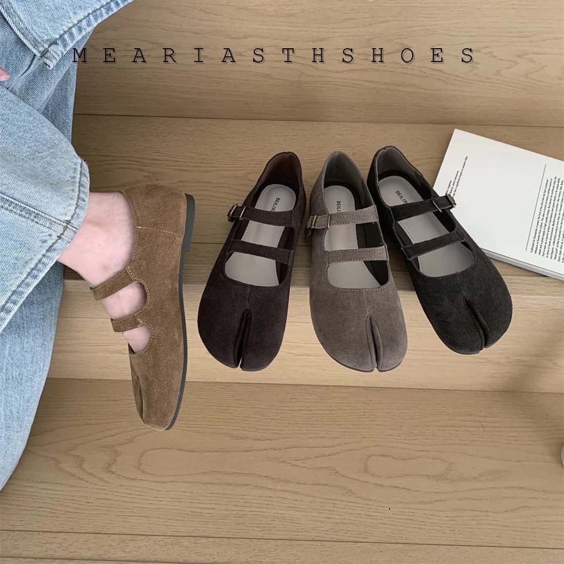 Spring/Fall Mary Janes Women suede leather Solid Color Split toe loafers Slip-on Shallow Flats Casual Ballet Ladies tabi Shoes