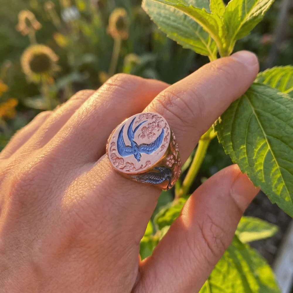 Anello Floreale Smaltato Estetico ed Elegante, Gioiello da Dito Vintage di Lusso Leggero, Anelli a Forma di Uccello Squisiti, Stile Etnico