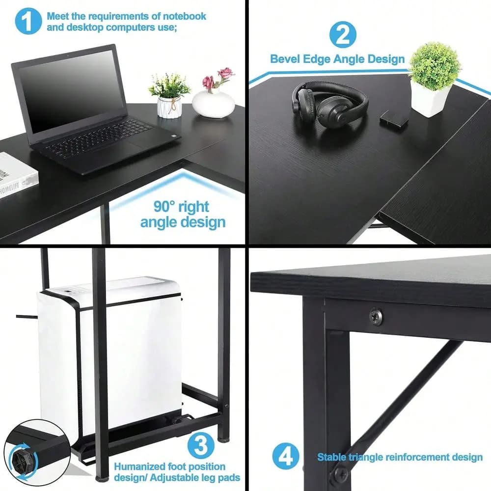 Scrivania angolare a forma di L per computer da gaming con supporto per CPU e poggiapiedi, tavolo da studio per PC e laptop, postazione di lavoro per gaming, scrivania per casa o ufficio.