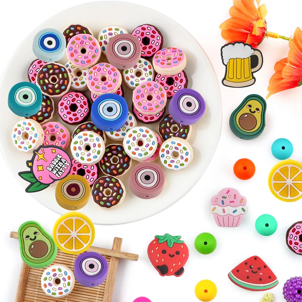 Sunrony Nuovo 6 pezzi ciambella frutta torta perline focale in silicone penna fai da te portachiavi bracciali collana accessori per la creazione di gioielli