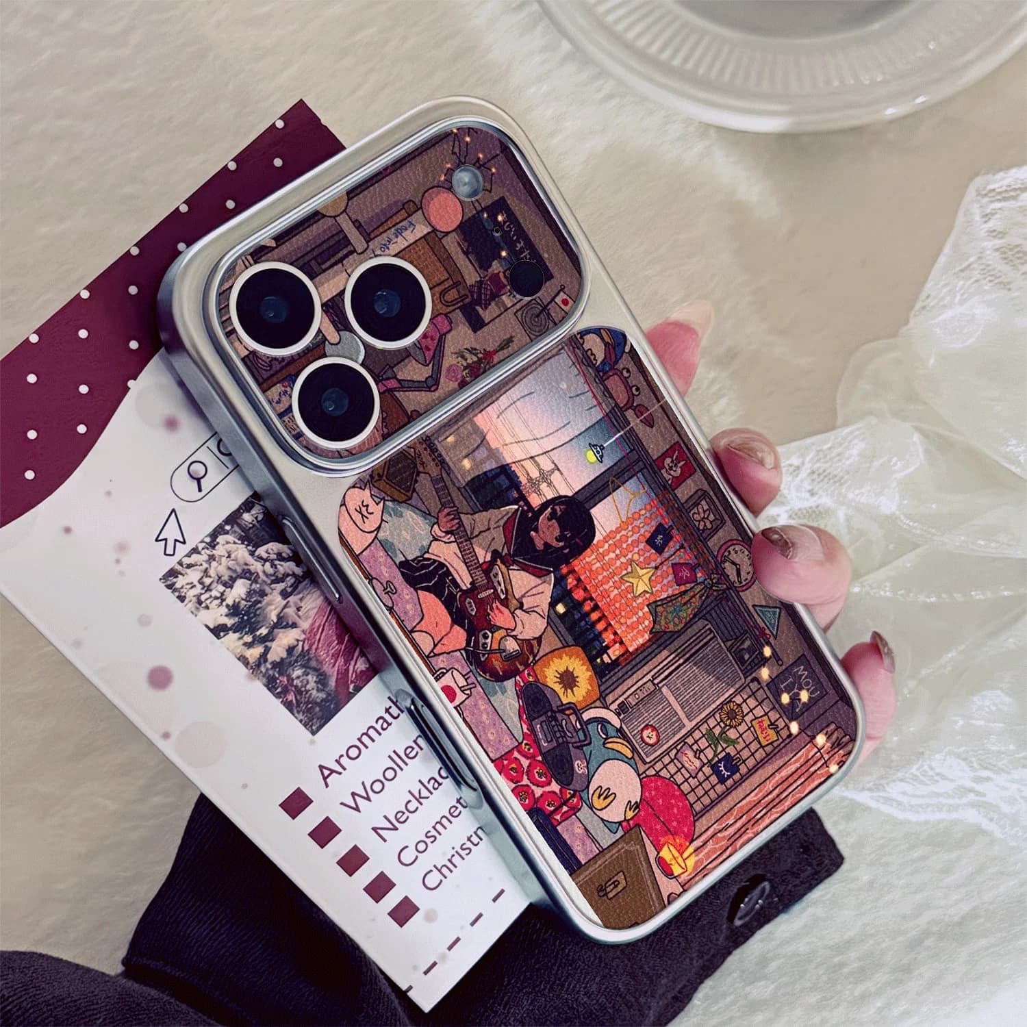 Anime Girl Playing Electric Guitar Leather patterned phone case for iPhone 11/12/13/14/15/16/17 Pro ProMax
