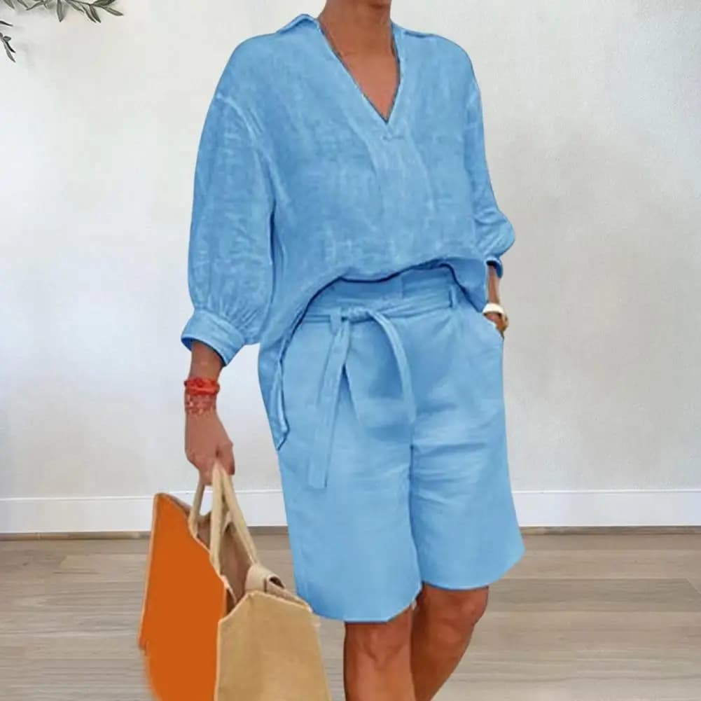 Complete two pieces of cotton and linen, casual, with short sleeve shirt with V neckline and wide leg shorts with belt, summer home set 80%