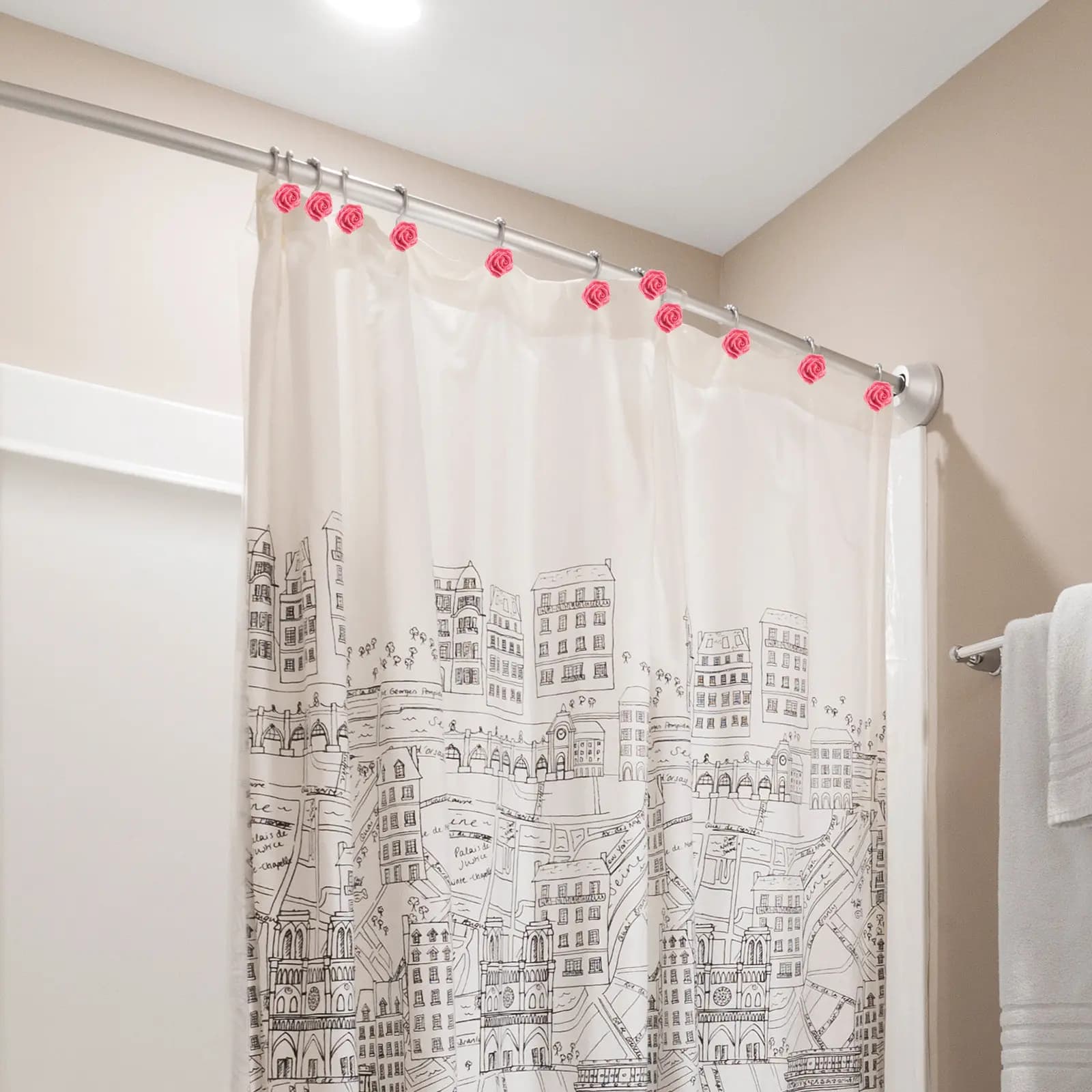 12 Pezzi Eleganti Ganci per Tenda Doccia a Forma di Rosa, Anelli in Metallo Antiruggine per Asta Doccia 22-30mm, per Bagno, Camera da Letto, Soggiorno