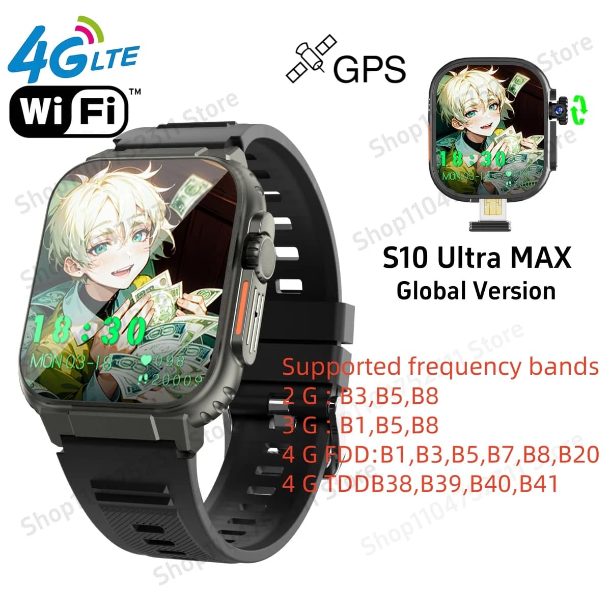 S10 Ultra MAX Smartwatch 4G 5G Sistema Android 10.0 Telecamera rotativa 256GB ROM App Negozio WiFi GPS SIM card 2.26 '' Amoled Smart Watch