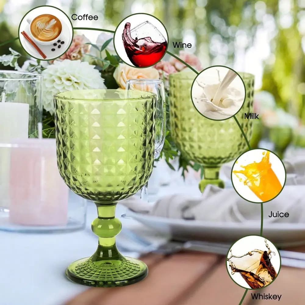 Green Vintage Wine Glass Set, 12 Oz Embossed HandBlown Goblets For Cocktail, Juice, Wedding Holiday Entertaining