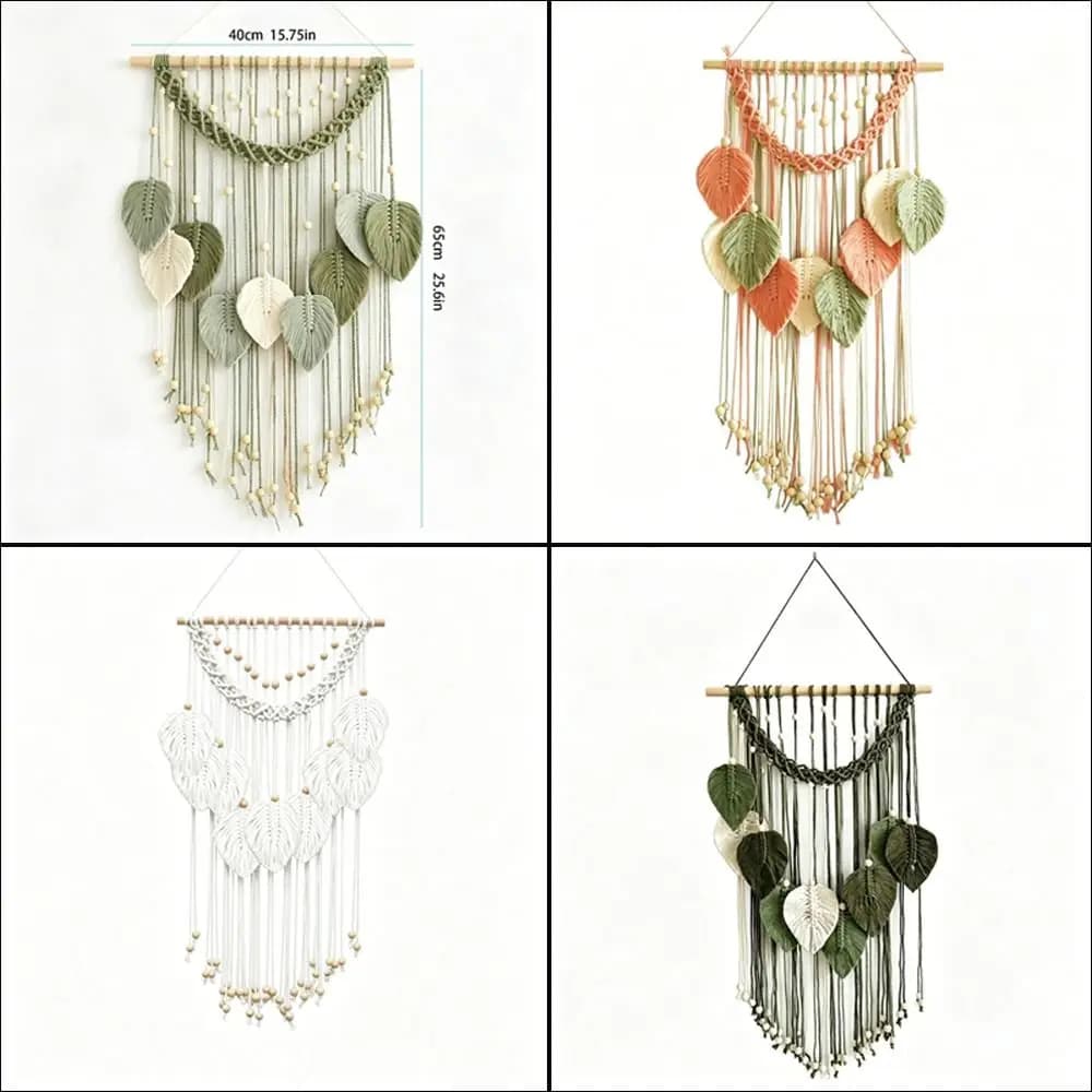 Cotton Rope Macrame Wall Hanging 40x65cm Handmade Woven Woven Wall Hanging Wooden Beads Leaf Design Boho Wall Decor