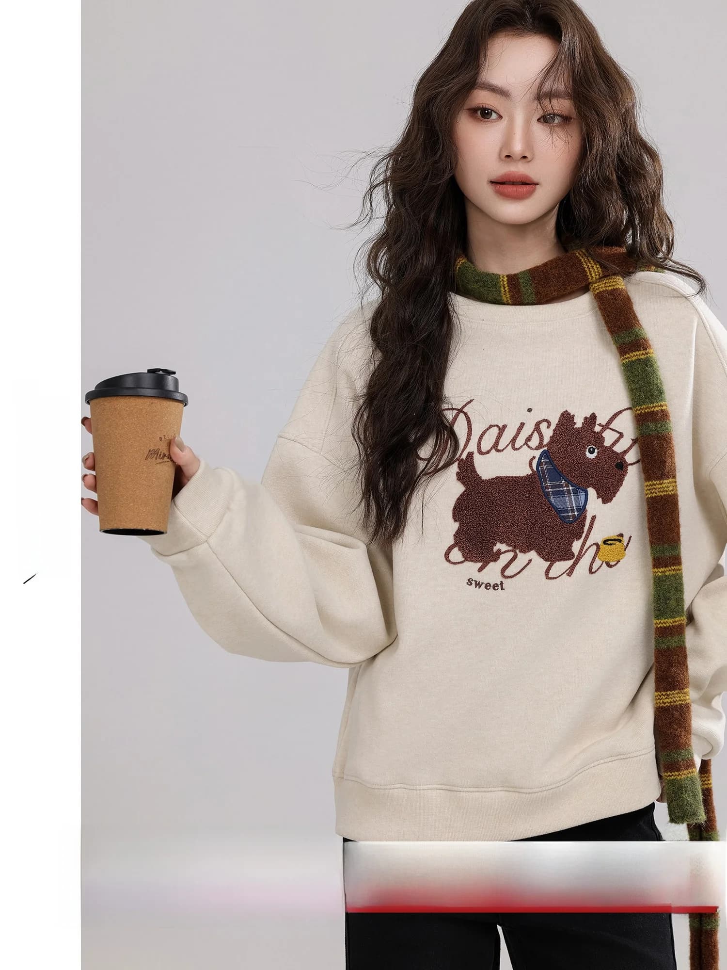 Cute Dog Embroidery Oversized Hoodless Sweatshirt Women's Fashion Korean Style Fleece Lined Pullover Autumn Winter New Arrival