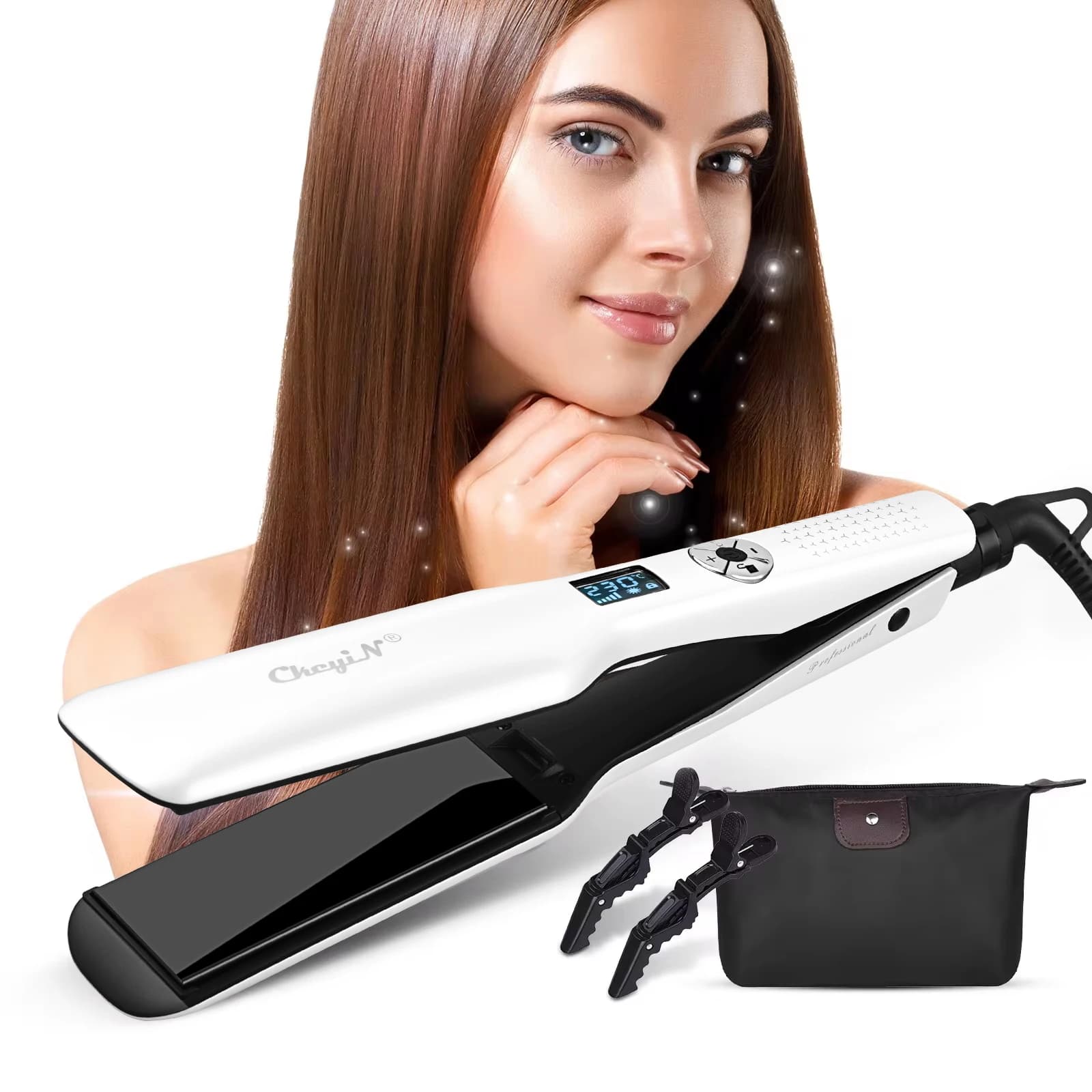 CkeyiN Ceramic Tormaline Hair Plate 44 mm LCD Display Iron Quick Heating Iron At Adjustable Temperature